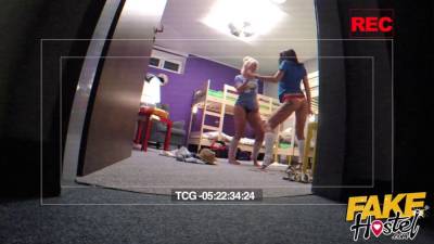 Horny blonde Italian and hot brunette Russian girl fucked in their room in hard threesome after being spied on dancing - sexu.com - Italy - Russia