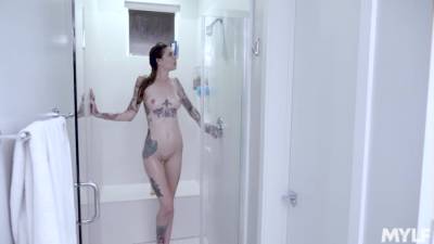 Rocky Emerson - Tattooed babe Rocky Emerson is fucking her dildo fellow in the shower - anysex.com